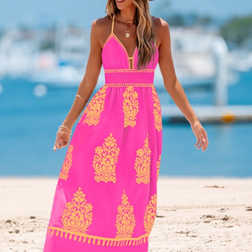 Pink and Orange Tribal Maxi Dress.